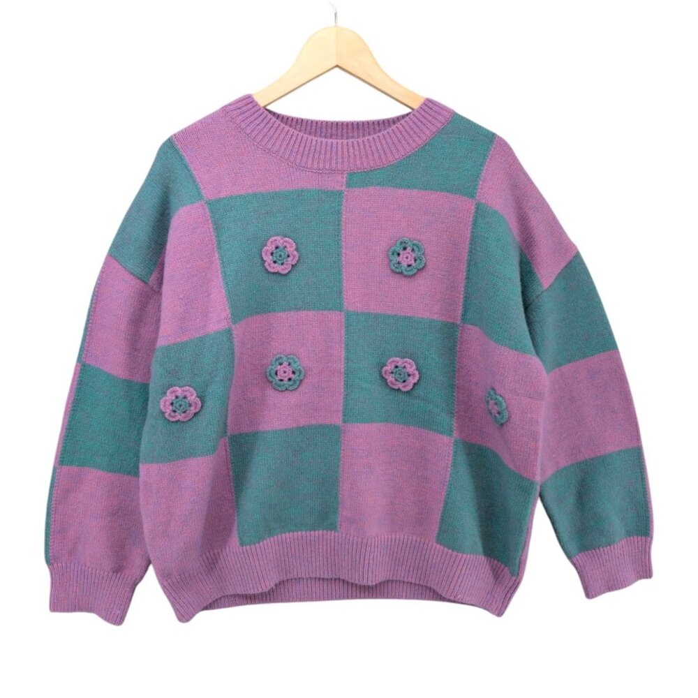 entro Lavender and Teal Checkered Crewneck Sweater with Crocheted Flowers
